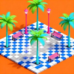 A whimsical isometric scene featuring a park with palm trees, benches, and checkerboard pavement under an orange sky