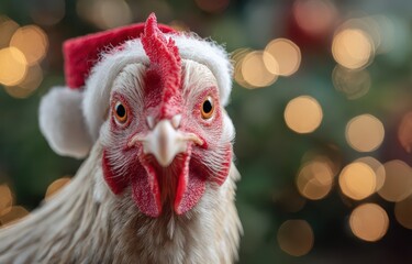 Naklejka premium Chicken in Santa hat celebrating New Years joy