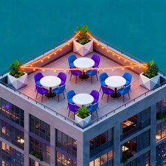Rooftop Dining Experience Modern Urban Terrace with Ample Seating and Ambient Lighting