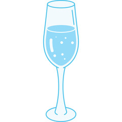 Simple Outline Drawing of a Champagne Flute Filled with Light Blue Liquid and Bubbles on a Transparent Background
