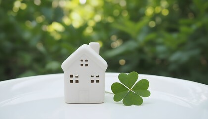 A miniature white house model sits next to a lucky four-leaf clover against a green background.