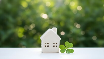 A miniature white house sits on a white surface with a green clover leaf beside it, set against a blurred green background of foliage.
