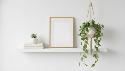 Blank gold picture frame mockup on a white shelf with a succulent, books, and a hanging pothos plant against a white wall.