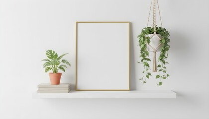 A minimalist interior design featuring a blank picture frame, plants, and a shelf against a white wall.