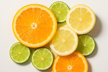 Fototapeta premium An vibrant assortment of citrus slices creates a refreshing and colorful flat lay display on white.