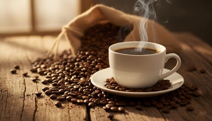 A steaming cup of coffee sits on a saucer surrounded by roasted coffee beans on a wooden surface.