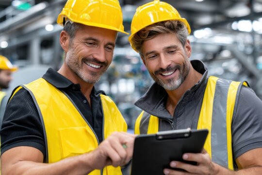 Construction workers review project details in a busy warehouse at midday