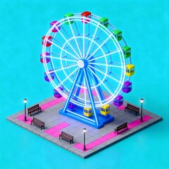 Isometric view of a vibrant neon Ferris wheel in a park with benches and glowing lights