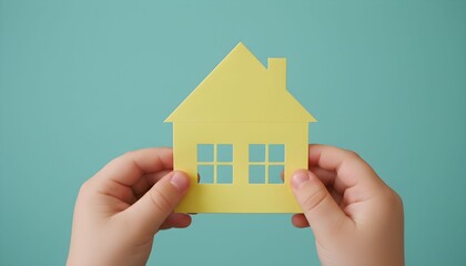 Child's hands holding a yellow paper cutout of a house against a teal background.