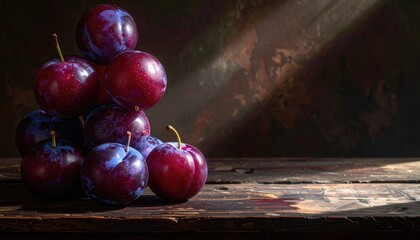Pile of Ripe Plums with Water Droplets on Rustic Wooden Table Illuminated by Dramatic Sunlight