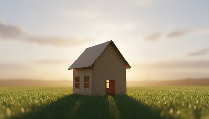 A small cardboard house stands in a field of green grass under a sunset.