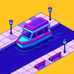 Colorful Isometric Canal Boat Illustration A Vibrant River Journey