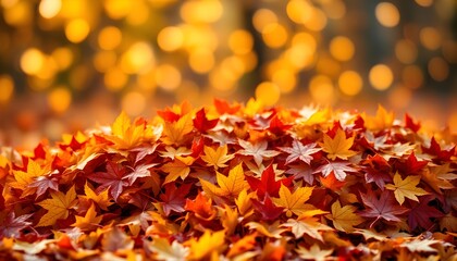 A vibrant pile of colorful red, orange, and yellow autumn maple leaves with a warm, golden bokeh background.