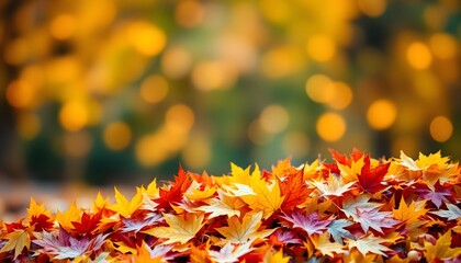 A vibrant carpet of fallen autumn leaves in shades of red, orange, and yellow, with a soft bokeh background of warm, glowing lights.