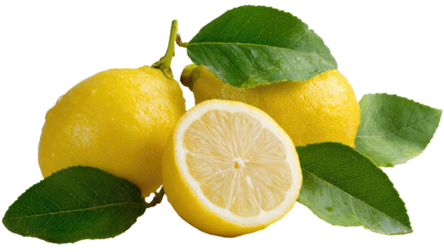 Lemons & leaves one halved, two whole. Fresh, vibrant