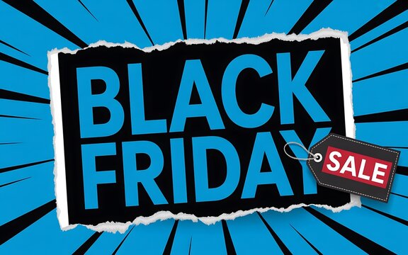 Black Friday Sale Torn Paper Effect & Price Tag on Blue Burst