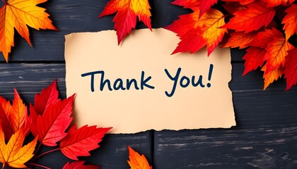 A "Thank You!" note on aged paper surrounded by colorful autumn leaves on a dark wooden background.