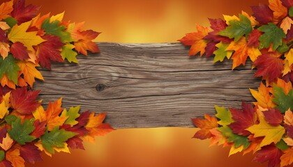 Autumn leaves frame a weathered wooden plank on a warm orange background.
