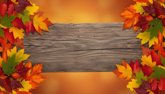 Vibrant autumn leaves creating a colorful border around a rustic wooden plank background. - Powered by Adobe