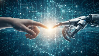 Human and robot hands touching, symbolizing artificial intelligence and technological progress.