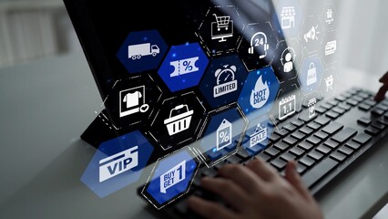 Sale and promotion icons with hot deal, discount tag, shopping bag, limited offer, coupon, VIP...