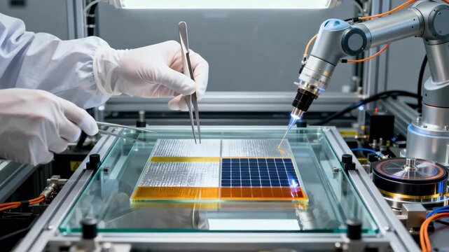 Closeup of hands assembling perovskite solar cell layers in a controlled pilot production setting showcasing cuttingedge technology.