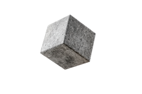 Rough gray cube hovers against a pure black background - Powered by Adobe