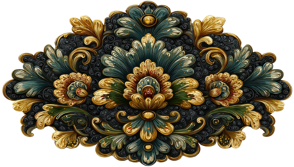 Ornate baroque-style floral ornament in gold and teal