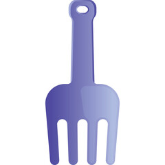 Simple purple plastic toy rake with four tines and a handle with a hole at the top isolated on a white background