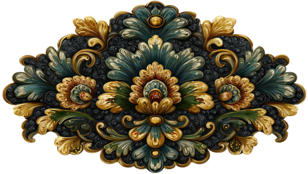 Ornate baroque-style floral ornament in gold and teal
