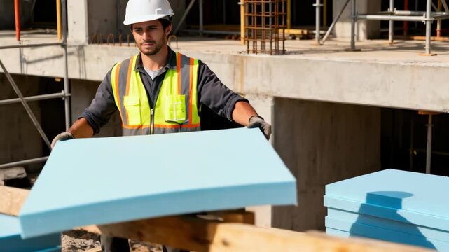 Builder using XPS insulated panels for energyefficient concrete formwork in a medium shot on an urban construction project.