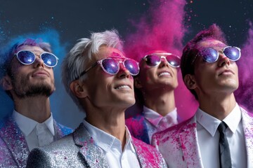 Vibrant celebration of color with friends at a party in elaborate outfits during twilight hours