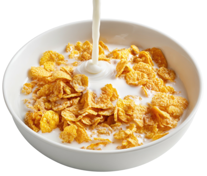 Milk poured into cornflakes cereal bowl