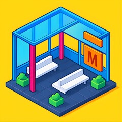 Isometric illustration of a bus stop, with benches, a roof, and an 'M' sign, perfect for urban design