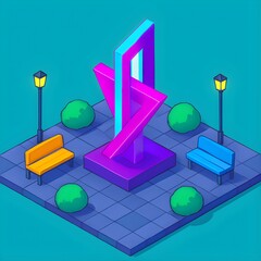 Isometric Abstract Sculpture Surrounded by Benches and Street Lights in a Public Park
