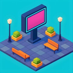 Isometric cityscape featuring a large blank billboard, benches, and landscaping with a blue and orange color scheme