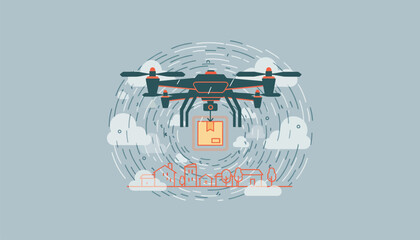 A drone operating in inclement weather utilizing thermal imaging to navigate through rain and fog while completing its delivery mission.