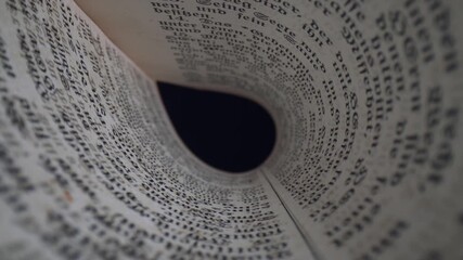 Journey through the pages of an old book revealing hidden depths and stories over time