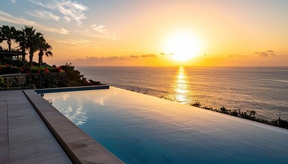 Infinity swimming pool at sunset overlooking the calm ocean with palm trees on the side and golden light reflecting on the water surface