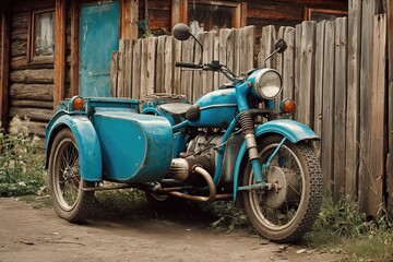 Blue Vintage Motorcycle with Sidecar in Countryside