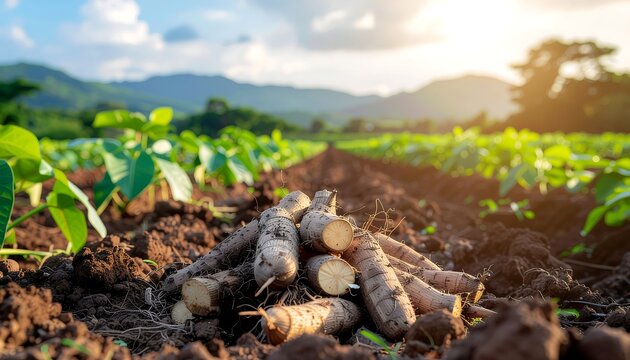 Pile of freshly dug cassava roots on soil with green leaves under natural sunlight. Organic farming, harvest, and agriculture concept.