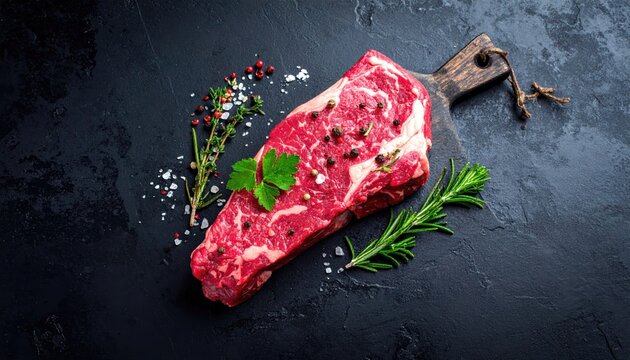 Raw marbled beef steak seasoned with coarse salt and peppercorns garnished with fresh rosemary and parsley on a dark slate surface with soft natural lighting