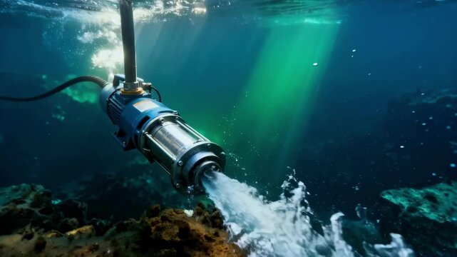 Close medium shot of a submersible well pump immersed deep underwater demonstrating seamless integration and efficient extraction in a rugged pumping environment.