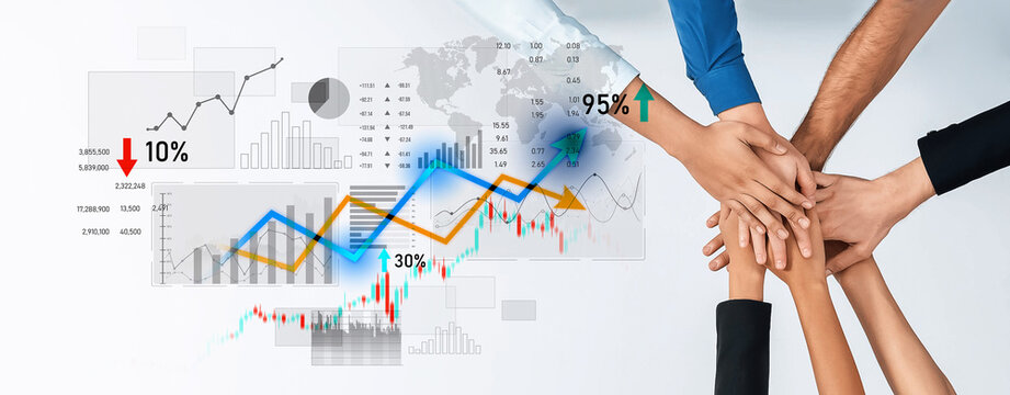 Diverse hands joined together against a backdrop of financial graphs symbolize teamwork and collaboration, essential for achieving business success and growth. Scalp