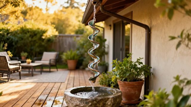 Medium shot highlighting unique installation of rain chains as ecofriendly gutter alternatives complementing outdoor living spaces in creative styles