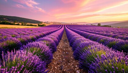 Rows Of Purple Lavender Field Under A Dramatic Pink And Orange Sunset Sky In Provence France