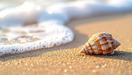 Seashell on Sandy Beach with Gentle Wave Foam and Sunlight Sparkle