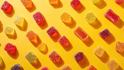 Rows Of Colorful Gummy Candies With Sugar Coating Arranged Diagonally On A Bright Yellow Background In Studio Lighting