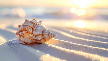 Seashell resting on pristine white sand beach at golden hour with calm ocean waves and warm sunlight creating bokeh effect