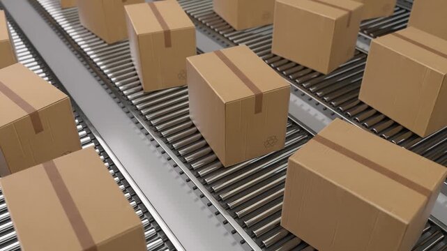 Endless stream of cardboard packages moving along an automated roller conveyor system. Animation symbolizing mass production and delivery. 3d loop animation 4k